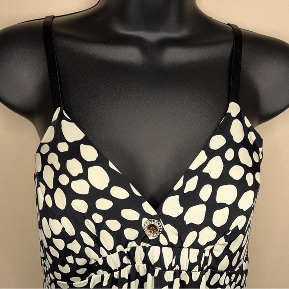 Y2K SMALL TUNIC TANK BLACK WHITE DOT PRINT GEM ACCENT STRETCH VNECK - Picture 2 of 10